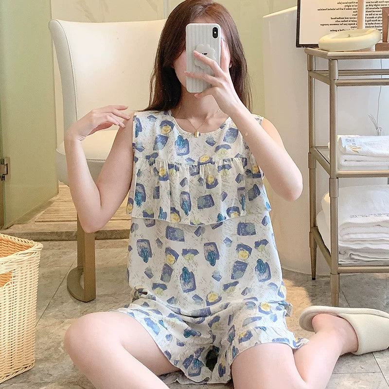 Qadınlar üçün qabarmaya qarşı pijama, yay pambıq ipək jilet şort kostyum, çöldə geyinmək olar, süni pambıq, milli üslub, yeni Çin üslublu ev paltarı, nazik