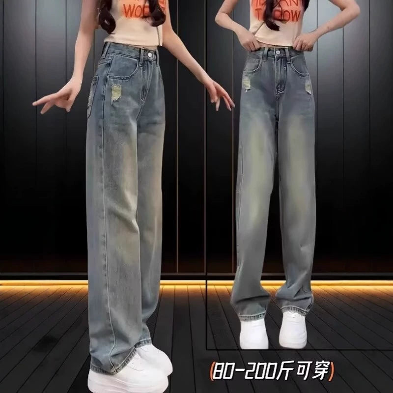 Qadınlar üçün incə, düz ayaqlı cins şalvar, 2026-cı il yay yeni dəbi, böyük ölçü, yüksək belli, boş formalı, arıqladıcı, çoxfunksiyalı geniş ayaqlı şalvar.