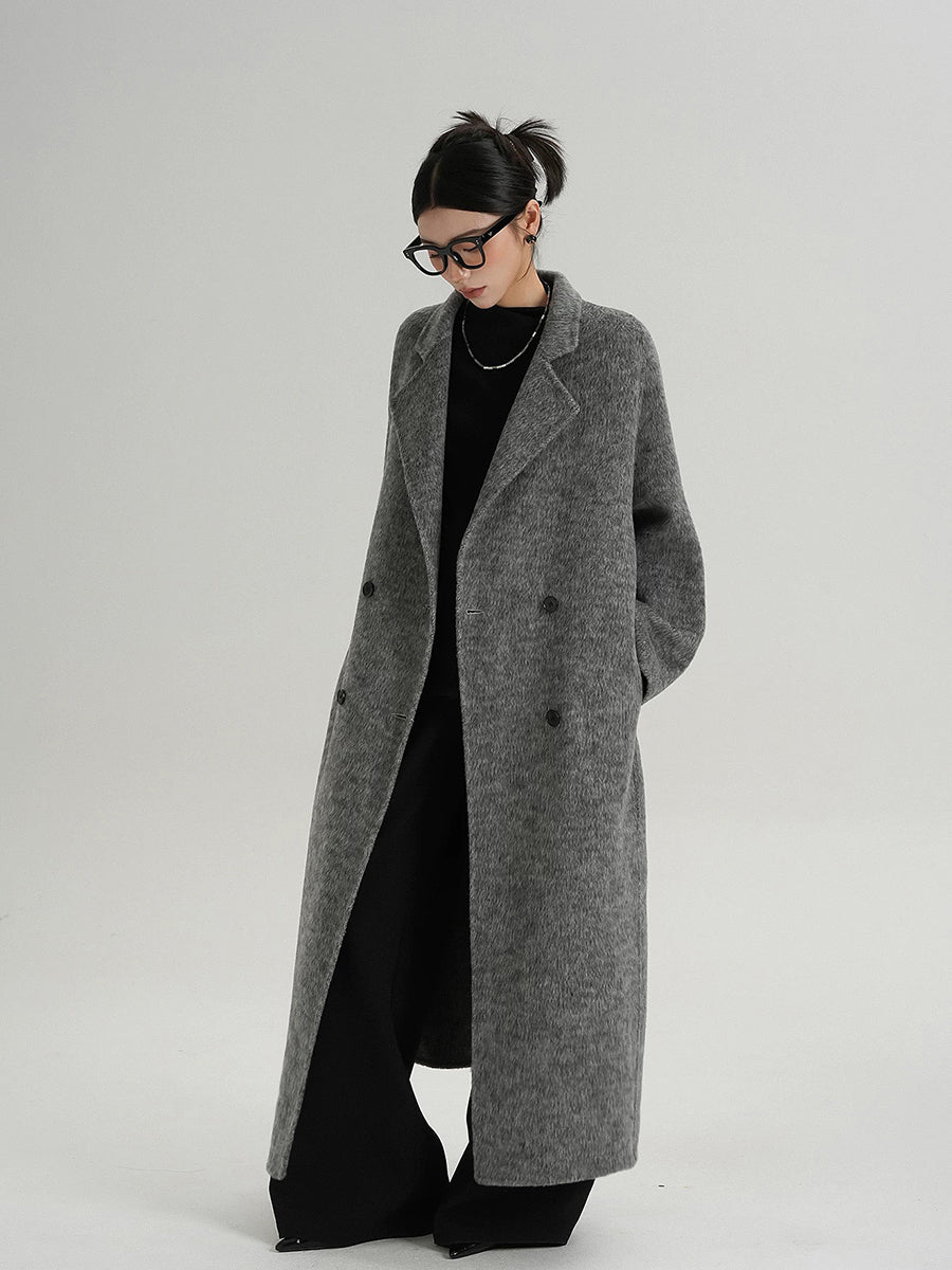 Hündür qadın üçün ikiüzlü yun palto, əlavə uzun, 2025 payız/qış üslubunda, boz, Koreya üslubunda, tüklü yun palto.