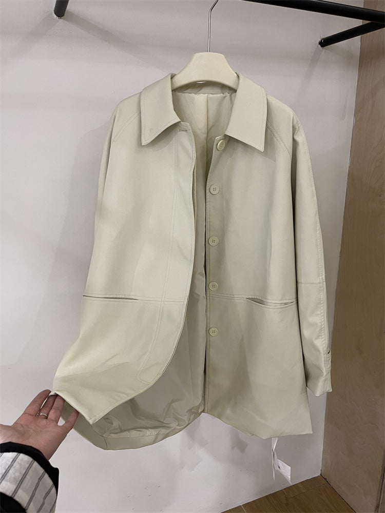 Koreya yüksək keyfiyyətli POLO Dongdaemun qadın üçün orta uzunluqlu krem dəri palto, yeni yaz üslubunda, yumşaq protein dəri xəndək palto.