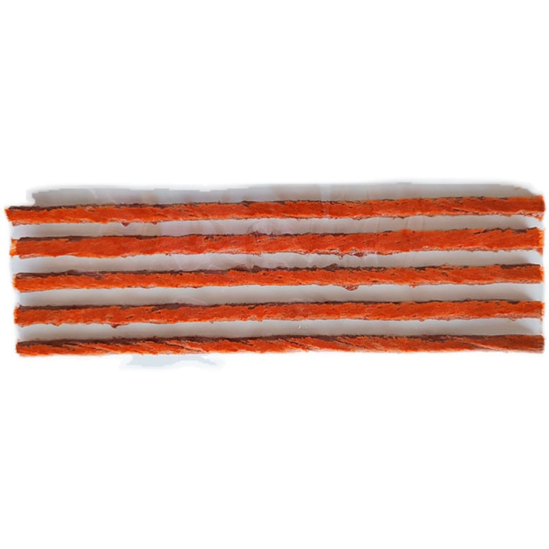 The quick tire repair tool for double-cured tubeless tires uses butyl rubber strips wrapped with polyester thread.