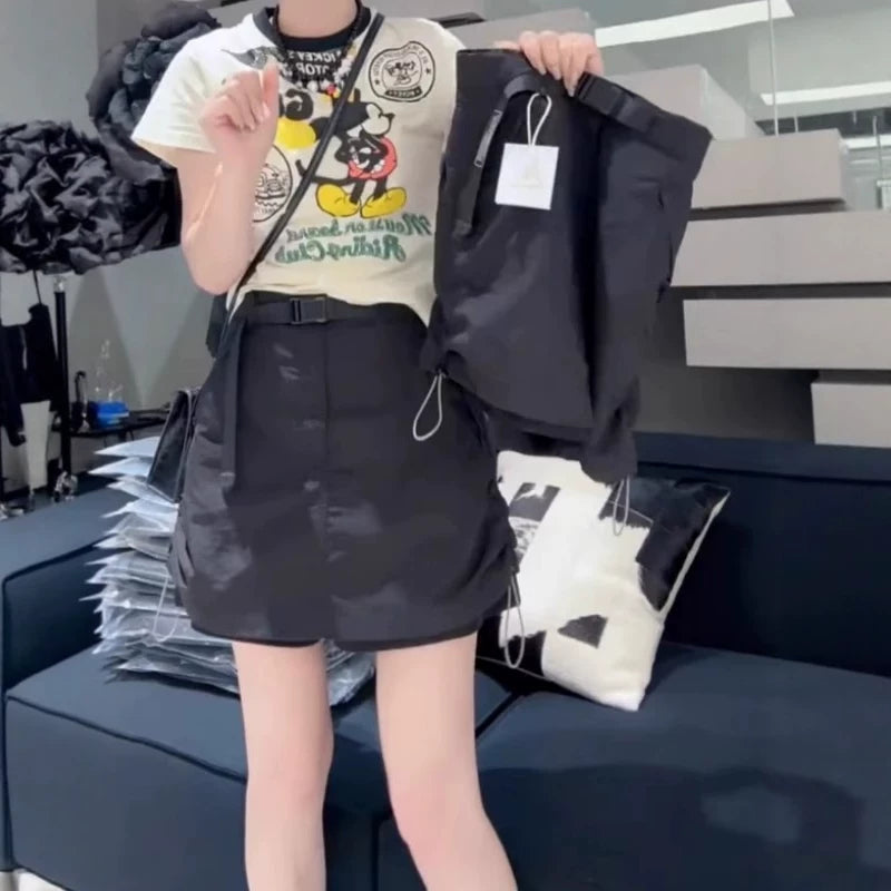 Böyük Ölçülü Qadınlar üçün Yay Yeni Nazik Armud Formalı Yüksək Belli Gündəlik Qısa Ətək, Kəmərli Yük Ətək Şalvarı