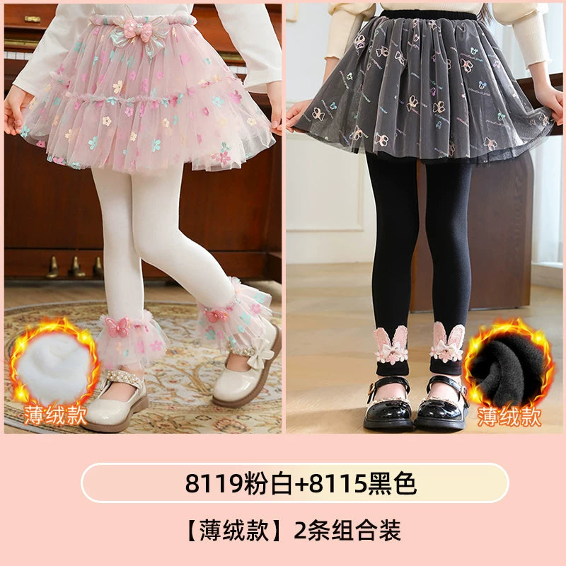 Qızlar üçün bir hissəli ətək şalvarları, 2025-ci ilin yaz və payız mövsümü üçün yeni model uşaq qış geyimləri, flis astarlı, süni iki hissəli leqinslər, ağ, çöldə geyinmək üçün.