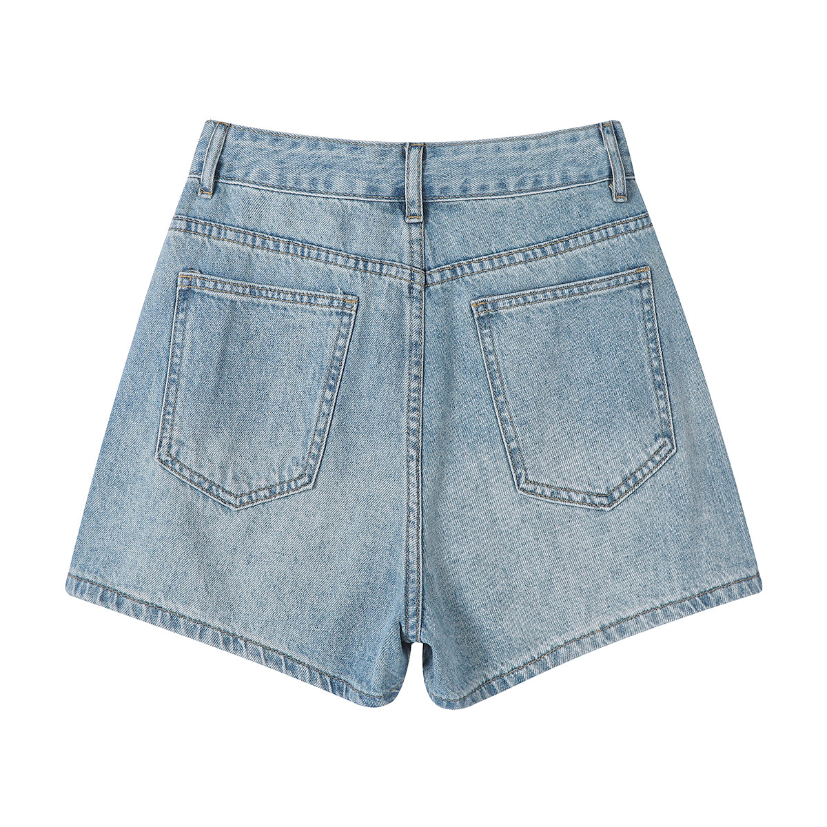 Chorissa Amerika üslubunda, yüksək belli, geniş ayaqlı, açıq rəngli denim şort, yeni yay dizaynı, arıqladıcı və ombaya yapışan stil.