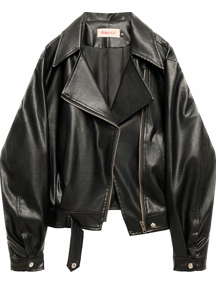 Qadınlar üçün qara yaxalı dəri gödəkçə, 2025 Yeni Amerika Retro Motosiklet Stilində Boş Qısa Gödəkçə Top