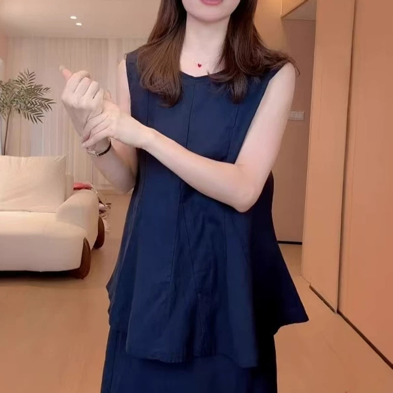 Böyük ölçülü qadınlar üçün təmiz pambıqdan büzməli jilet, yay üst geyimi, geniş formalı, arıqladıcı qolsuz top.