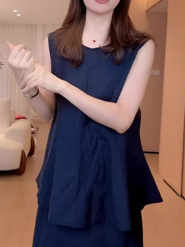 Böyük ölçülü qadınlar üçün təmiz pambıqdan büzməli jilet, yay üst geyimi, geniş formalı, arıqladıcı qolsuz top.