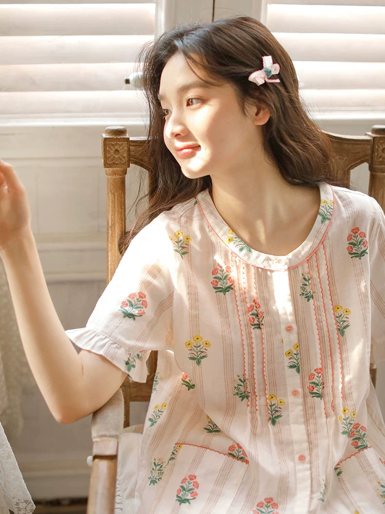 Yay üçün yastıqlı pijama, qadınlar üçün yeni üslub, təmiz pambıqdan qısaqol kəsikli şalvar, şirin çiçəkli krujeva kostyumu, boş ev paltarı