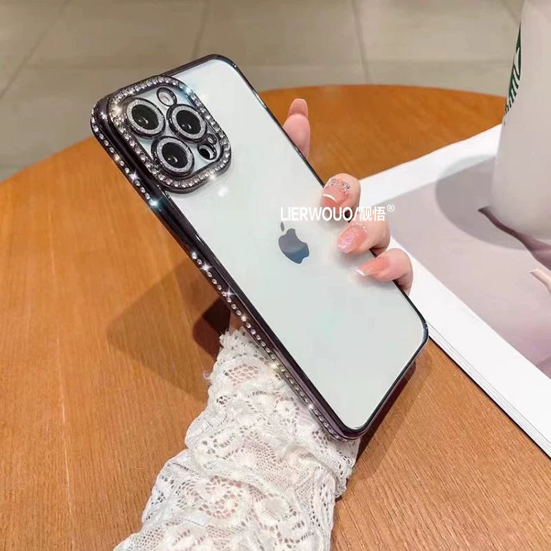 Apple 16 mobil telefon qutusu üçün uyğundur iphone17promax lüks rhinestone 13 yüksək səviyyəli mənada 11 şəffaf yumşaq qabıq 14 parıldayan linza filmi 12pro internet məşhur qadın modeli 13pro hər şey daxil silikon mobil telefon qutusu