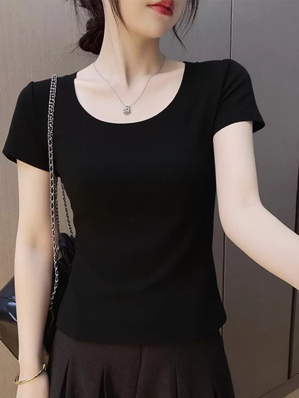 Dəbli xasiyyətli, çoxfunksiyalı sağ çiyinli qadınlar üçün qısaqol köynək, yay yeni stil, yuvarlaq boyun, yaş azaltmaq üçün arıqlayan və arıqlayan köynək