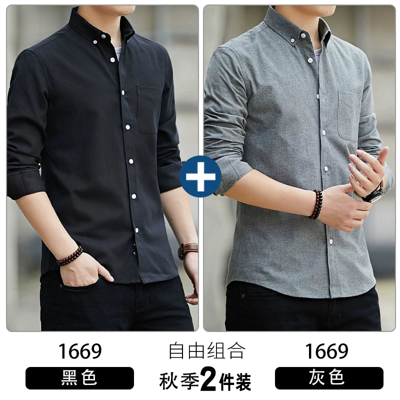 Kişilər üçün uzunqol köynək, gənclik üslubunda, boş forma, dəbli brend, yüksək səviyyəli Oksford parça, düz rəng, payız geyimi, gündəlik üst geyim.