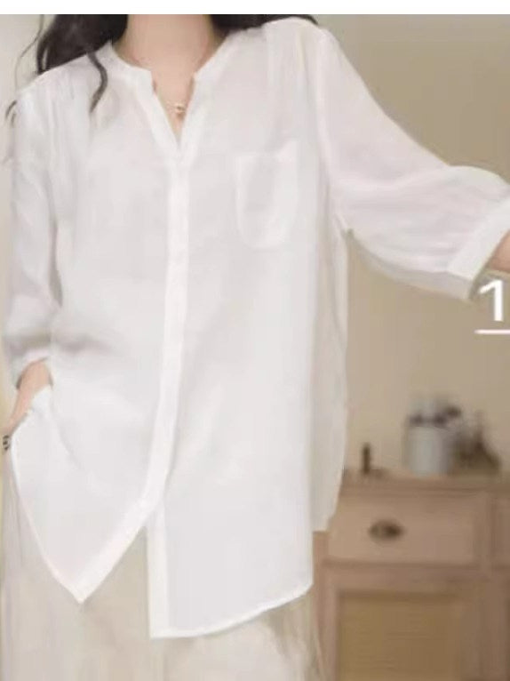 Düz rəngli V-yaxalı rami köynək, yeni yay stili, böyük ölçü, geniş forma, qarnını gizlədir, qolların dörddə üçü, dəbli top.