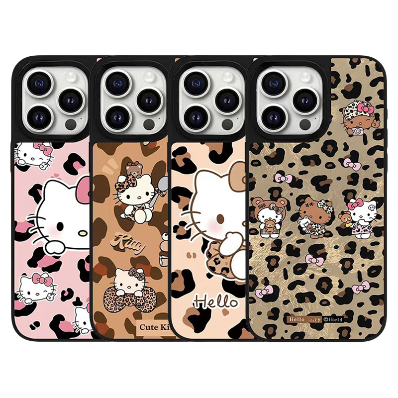 iPhone 17 Air, 16 Pro Max və 15/14/13/12 seriyaları ilə eyni stildə olan Apple iPhone-ları üçün fərdiləşdirilmiş çəhrayı leopard naxışlı Hello Kitty güzgü maqnit qutusu.