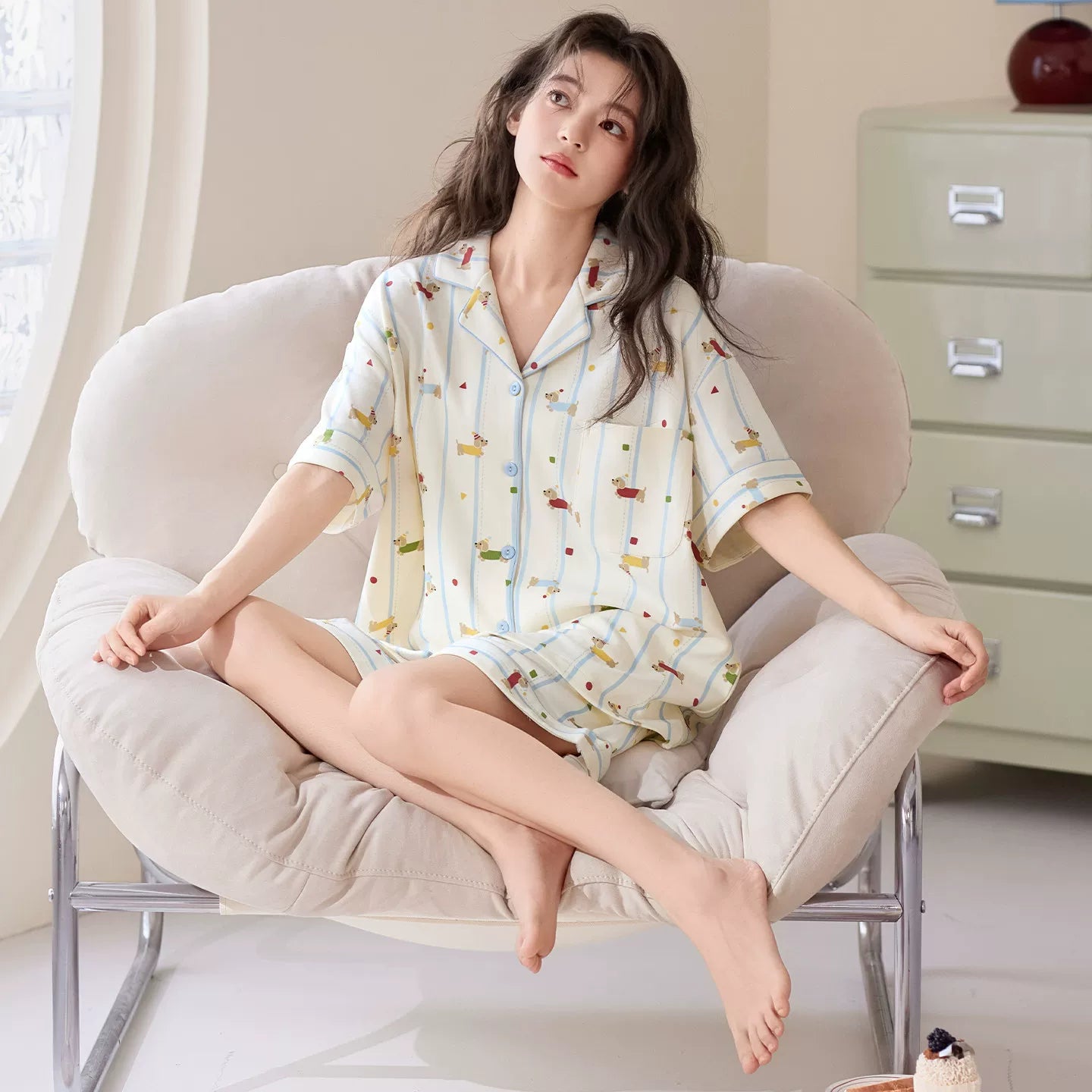 Qadınlar üçün Catman təmiz pambıq pijama yaz və yay qısaqol şort 2026 yeni cizgi filmi şirin ev paltarı dəsti çöldə geyinmək olar