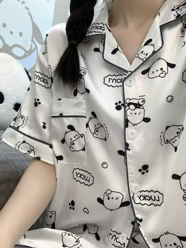 2026 Yeni Buz İpək Pijama Qadın Yay Qısaqol Karikatura Sevimli Yağ mm Plus Size Tələbə Ev Geyimi Dəsti