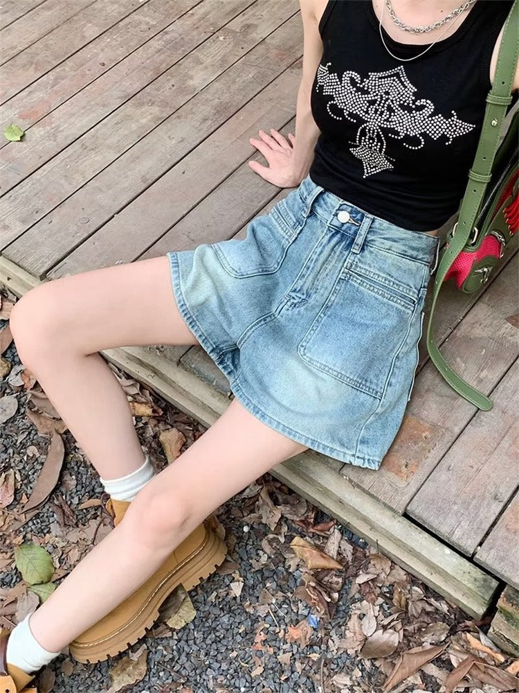 2026-cı il yayında qadınlar üçün yeni retro yüksək belli denim şortlar, arıqladıcı, geniş ayaqlı A-xəttli isti şalvar
