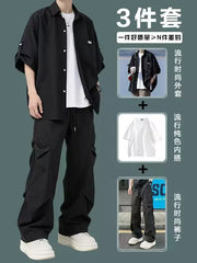 Kişilər üçün sərin qısaqol köynək, oğlanlar üçün yay yeni dəbli nazik üç hissəli kostyum, yüksək səviyyəli gündəlik kostyum