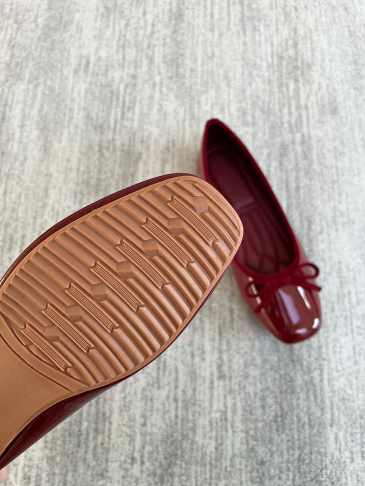 Women's French retro red ballet flats, soft leather, tie, low-cut, granny shoes