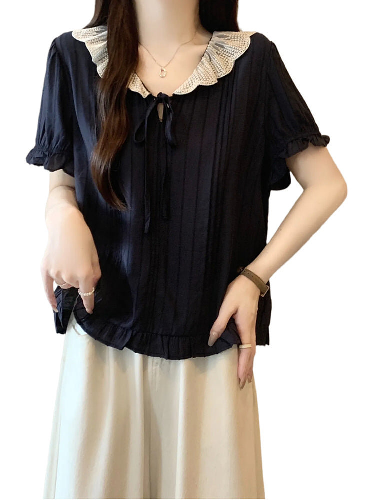 Tünd göy rəngli Peter Pan yaxası, düz çiyinlər, qısaqol köynək, böyük ölçülü qadınlar üçün yeni yay modası, arıqladan və geniş formada, çox şirin top.