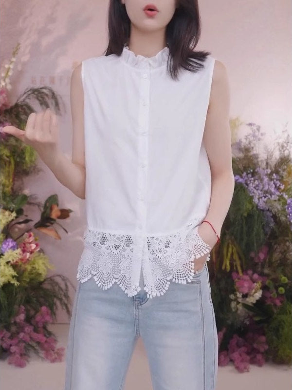 Qadınlar üçün böyük ölçülü ağ qolsuz köynək jileti, 2026-cı ilin yayı, böyük ölçülü qadınlar üçün fransız krujeva yamaqlı daxili qatlı üst hissə.