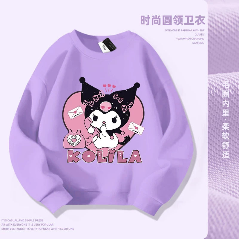 Kuromi Qızlar üçün Sweatshirt Payız/Qış 2024 Yeni Model Dəbli, Yun Astarlı Kürək Yaxalı Top Qızlar və Böyük Uşaqlar üçün