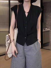 Böyük ölçülü qadınlar üçün fransız üslubunda yüksək keyfiyyətli V-yaxalı qolsuz jilet, yay dəbli Avropa üslublu köynək topu.