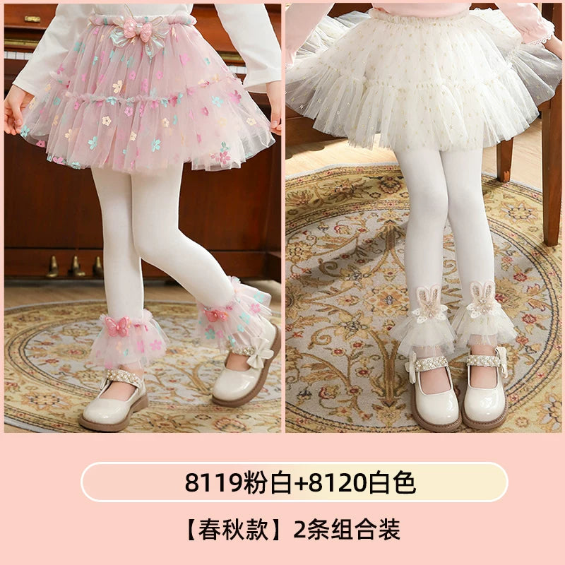 Qızlar üçün bir hissəli ətək şalvarları, 2025-ci ilin yaz və payız mövsümü üçün yeni model uşaq qış geyimləri, flis astarlı, süni iki hissəli leqinslər, ağ, çöldə geyinmək üçün.