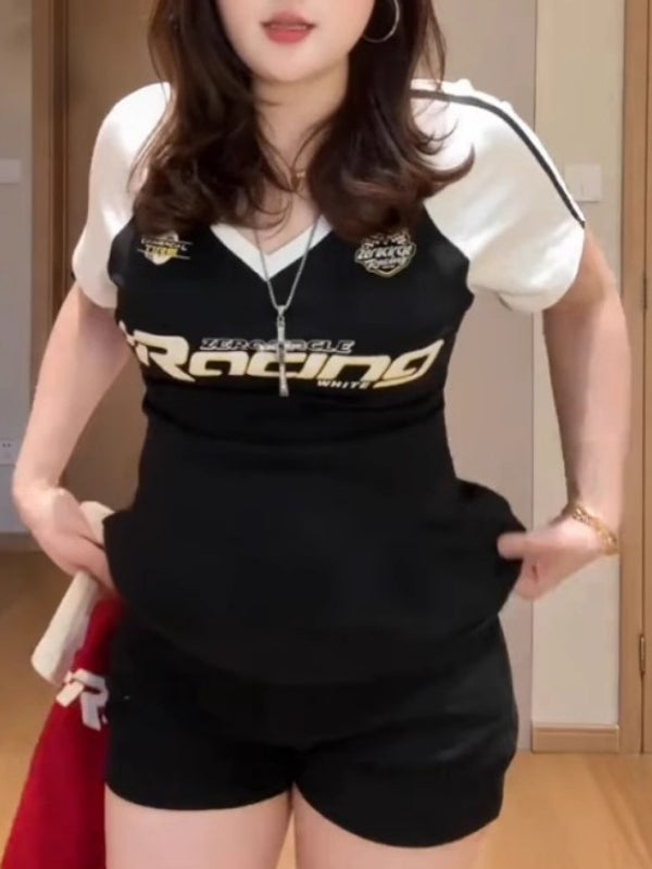 Böyük Ölçülü Qadınlar üçün V-Yakalı Amerika Retro İsti Qız Qısa Qollu T-Shirt Yay Fat MM Arıqladıcı Rəngli Blok Top