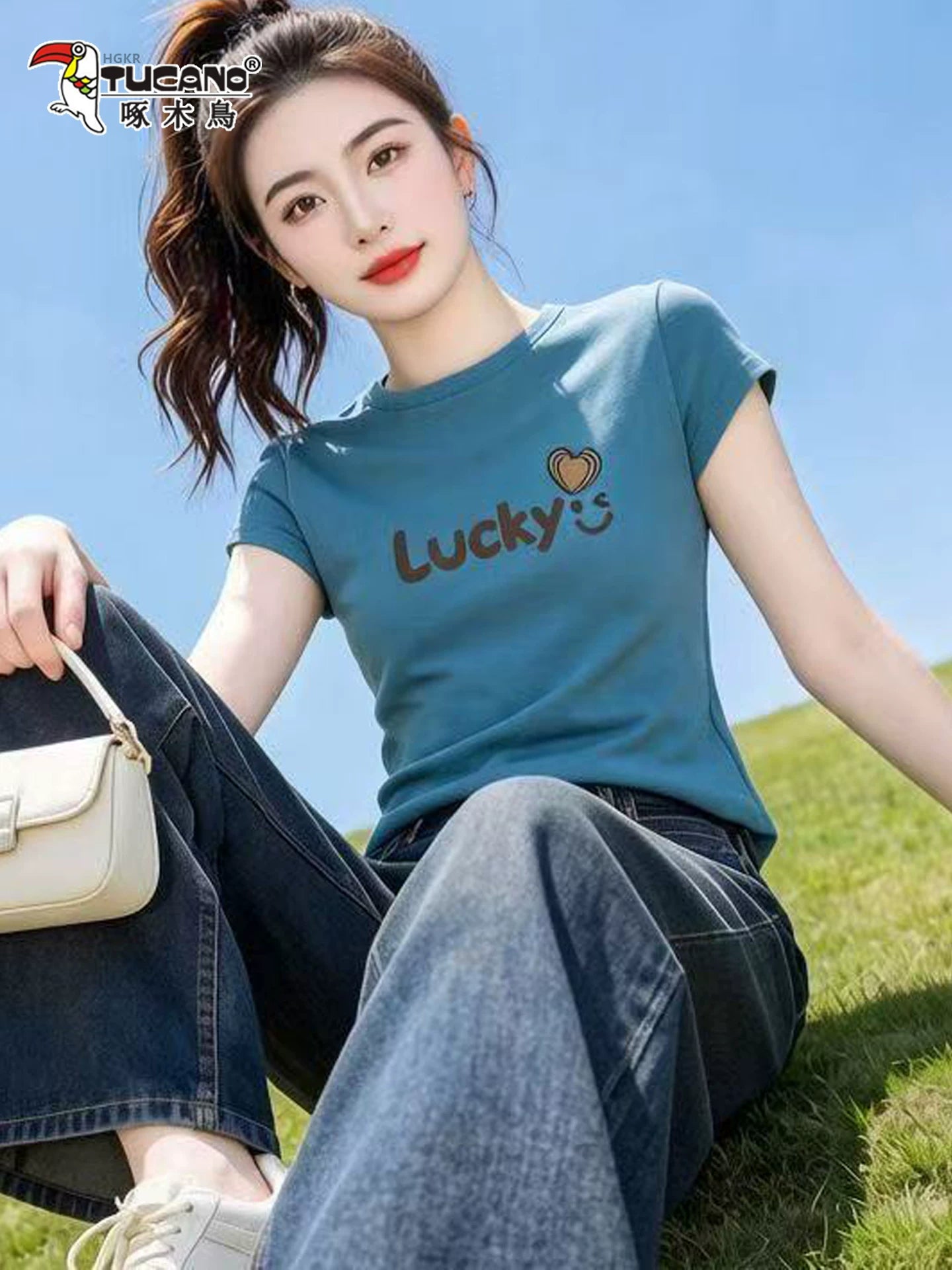 Ağacdələn dəniz mavisi ağ qısaqol qadın yay köynəyi yeni nazik dəyirmi boyunlu pullover çap dəbli top