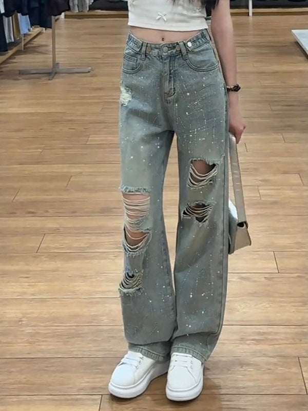 Qadınlar üçün yuyulmuş cırıq rinstone düz ayaqlı cins şalvar, yeni yay üslubunda, böyük ölçüdə, yüksək bel, boş formada, arıqladıcı geniş ayaq şalvarı