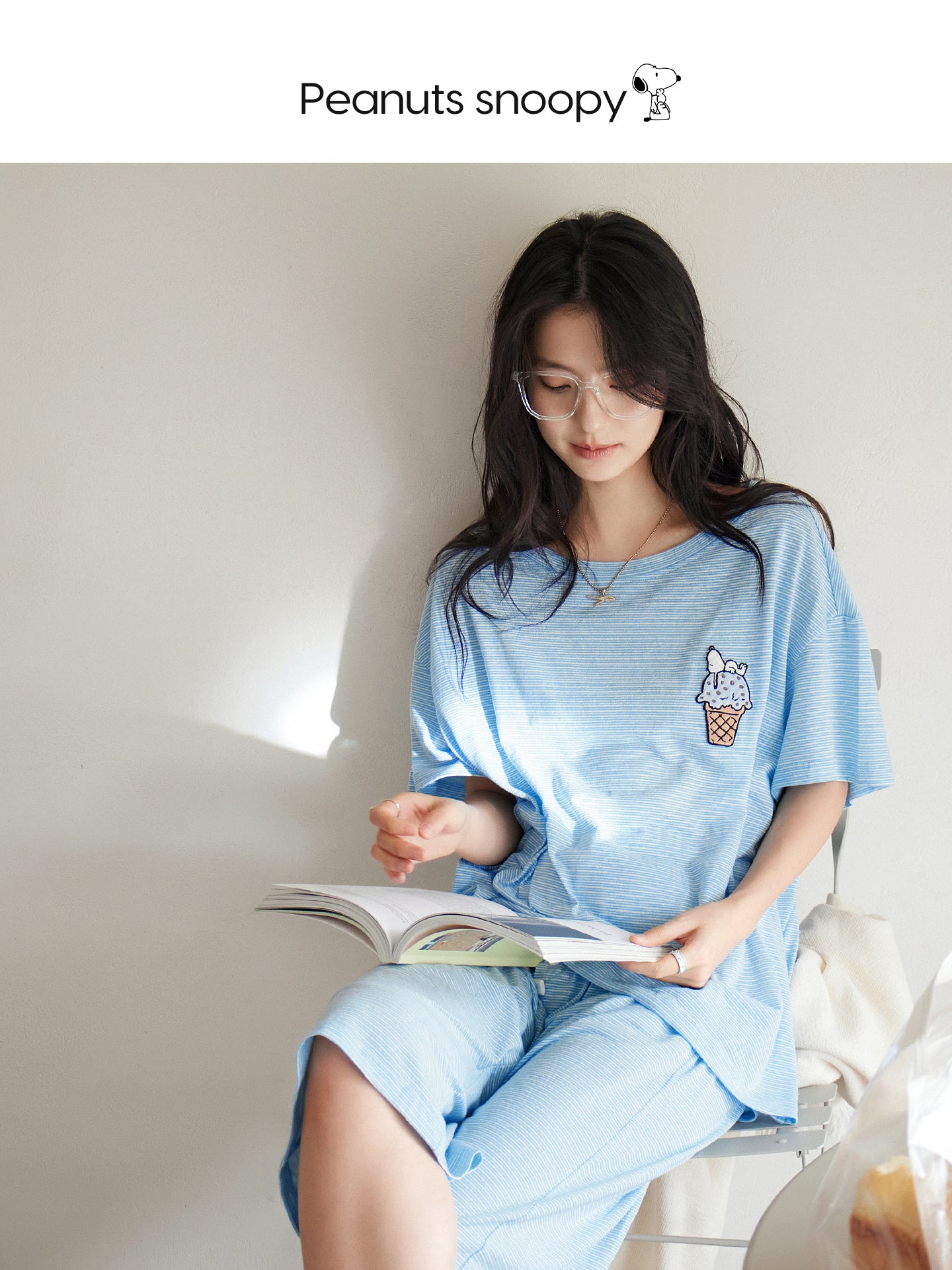 Beiyan Snoopy Qadın Yay İncə Qısaqol Zolaqlı Ev Geyimi Tənbəl Boş Böyük Ölçülü Sərin Dəst