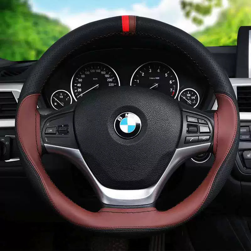 Əl ilə tikilmiş avtomobil sükan örtüyü, idman üslubunda, bütün mövsüm üçün, sürüşməyən, aşınmaya davamlı, orta ölçülü, birləşdirilmiş mikrofiber dəri örtük