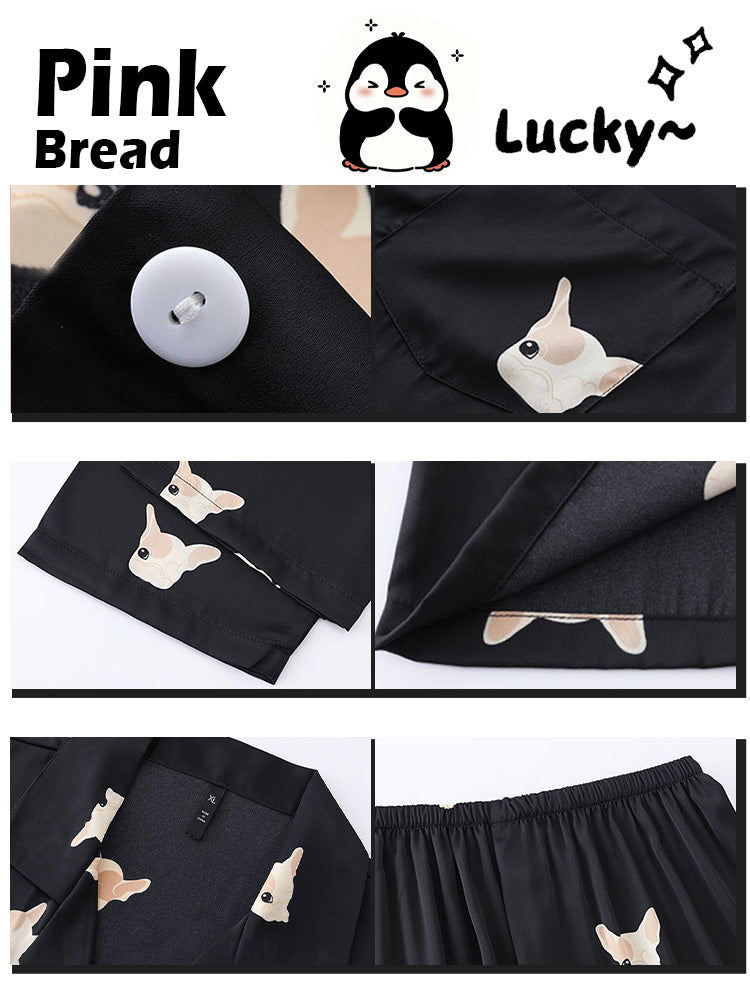 PinkBread [Fransız Çap Puppy] Kişi və Qadın üçün Cüt Pijama Yay Qısaqol Şort Pijama Buz İpək Ev Geyimi