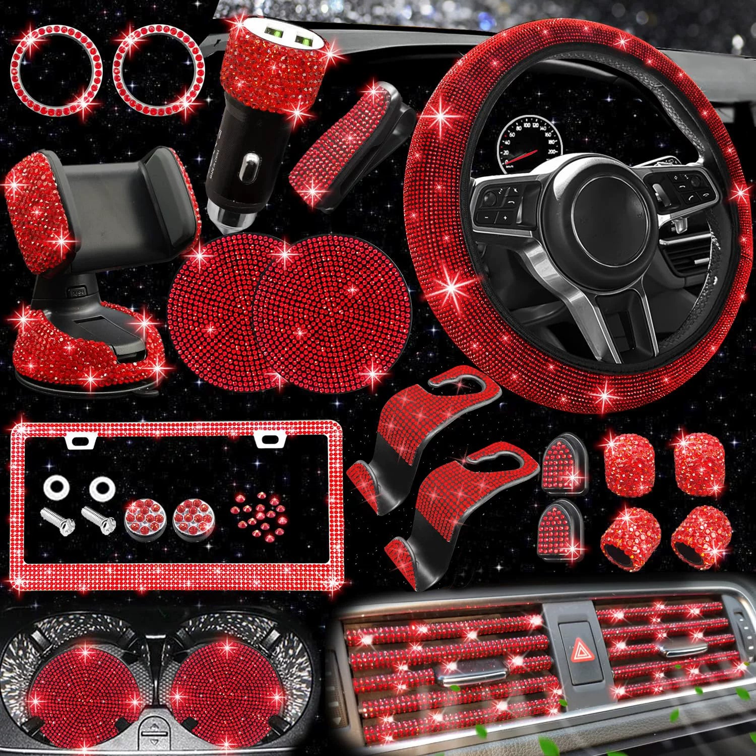 27 ədəd Bling Avtomobil Aksesuarları Dəsti, Sükan Çarxı Qapağı Dəsti