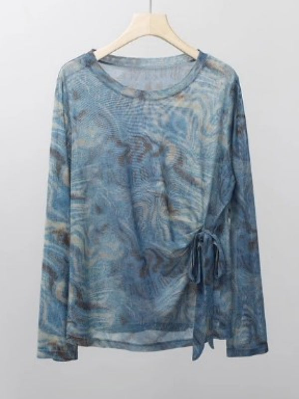 Böyük ölçülü, niş dizaynlı, tay-boya naxışlı torlu futbolka, erkən yaz yeni stili, böyük ölçülü qadınlar üçün arıqladıcı uzunqol köynək.