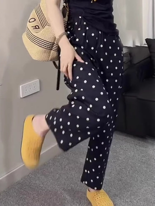 Qadınlar üçün böyük ölçülü nöqtəli elastik bel şalvarları, yeni yay üslubunda, arıqladıcı, boş, dəbli, qısa enli şalvarlar