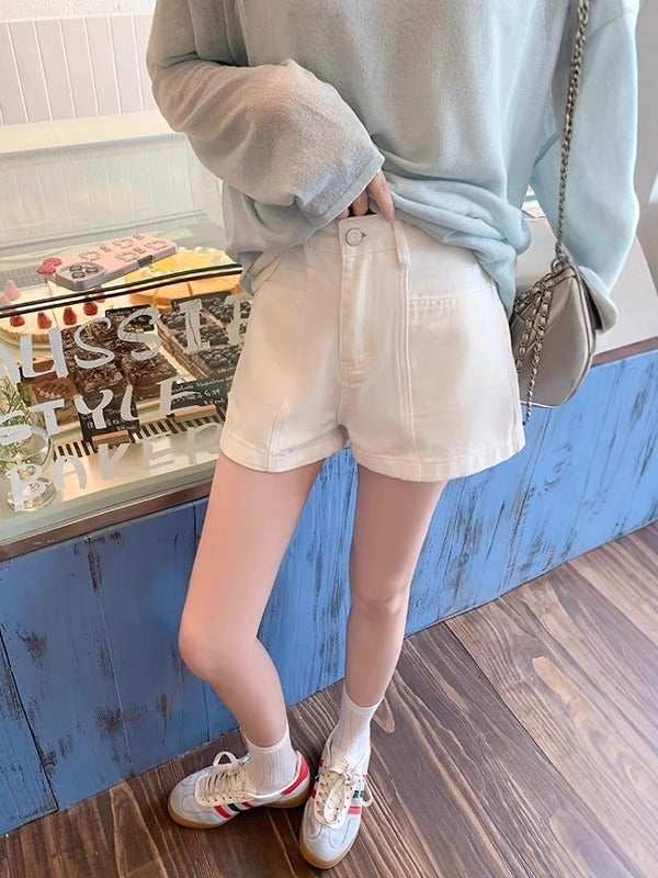 Qadınlar üçün böyük ölçülü ağ rəngli, çoxfunksiyalı gündəlik, boş, düz ayaqlı denim şortlar, yeni yay modeli, yüksək belli şalvar, 2026.