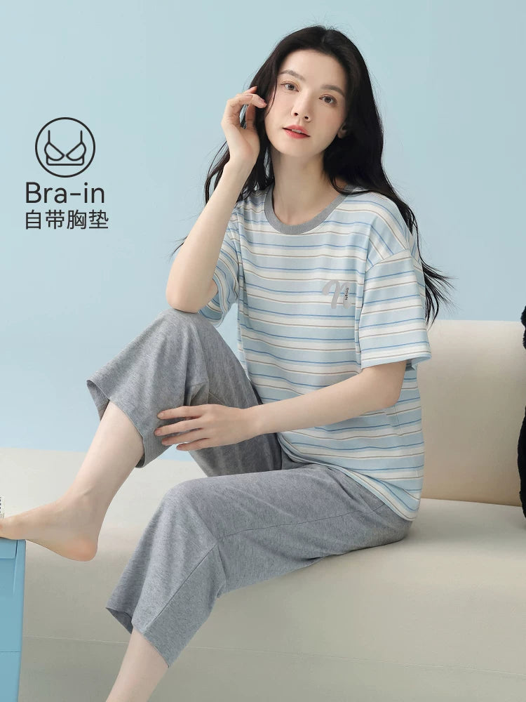 Qadınlar üçün Fenton Kean pijama 2026 yeni yay təmiz pambıq sinə yastığı ilə qısaqol qısaqol üç rüb şalvar boz ev paltarı yay