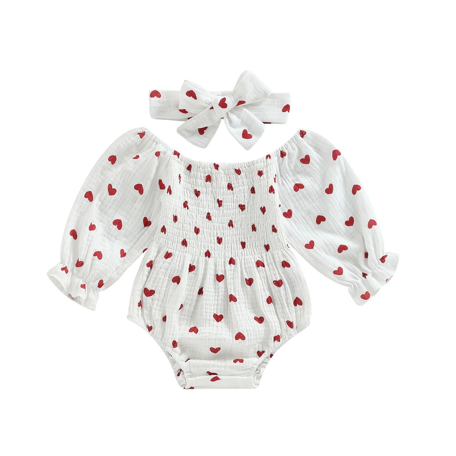 Girls' Valentine's Day Romper Heart Pattern Long Sleeve Bodysuit
