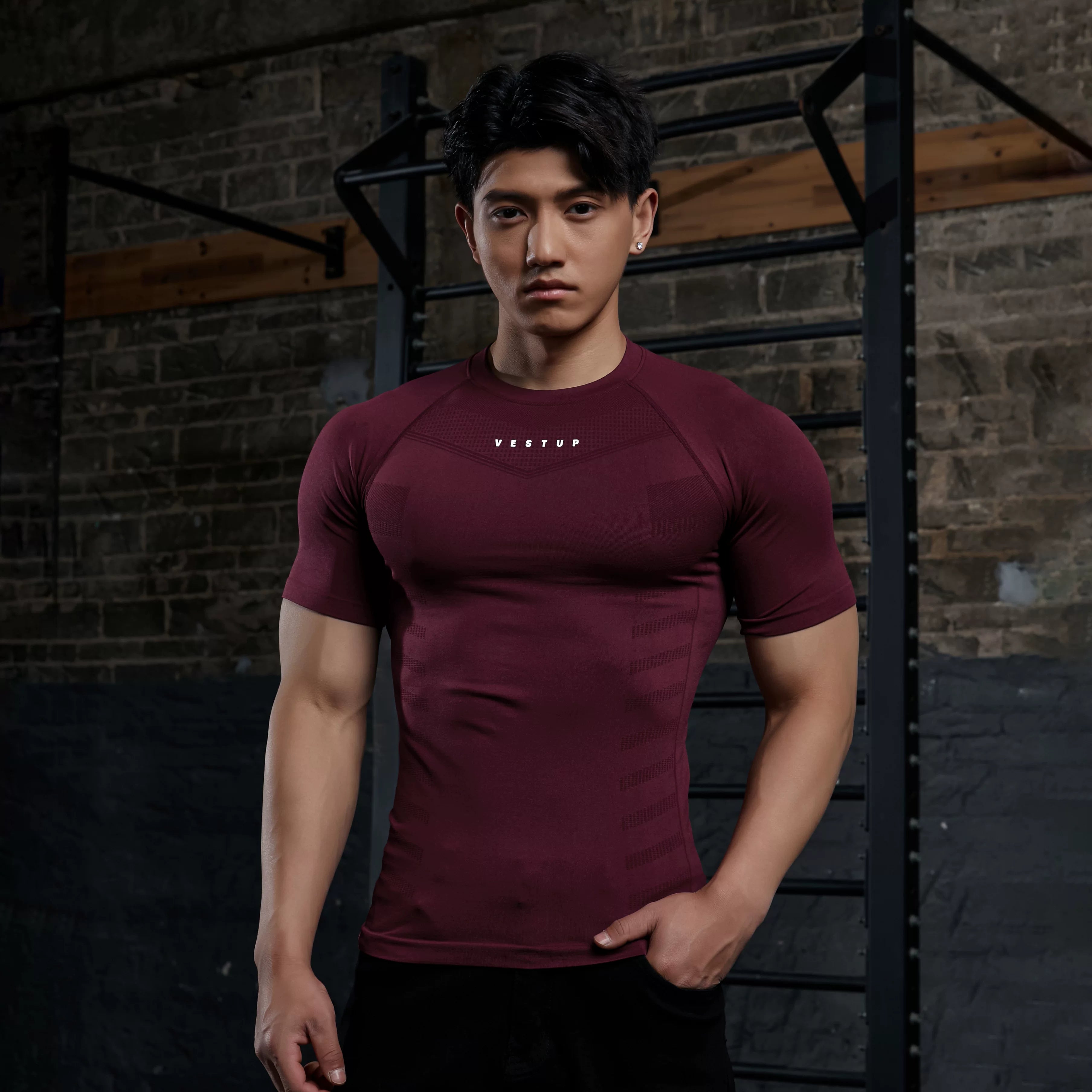 Vest Up Amerika slim fit tikişsiz fitnes qısaqol kişi teksturalı qısaqol yüksək elastik qırış əleyhinə tayt kişi köynəyi