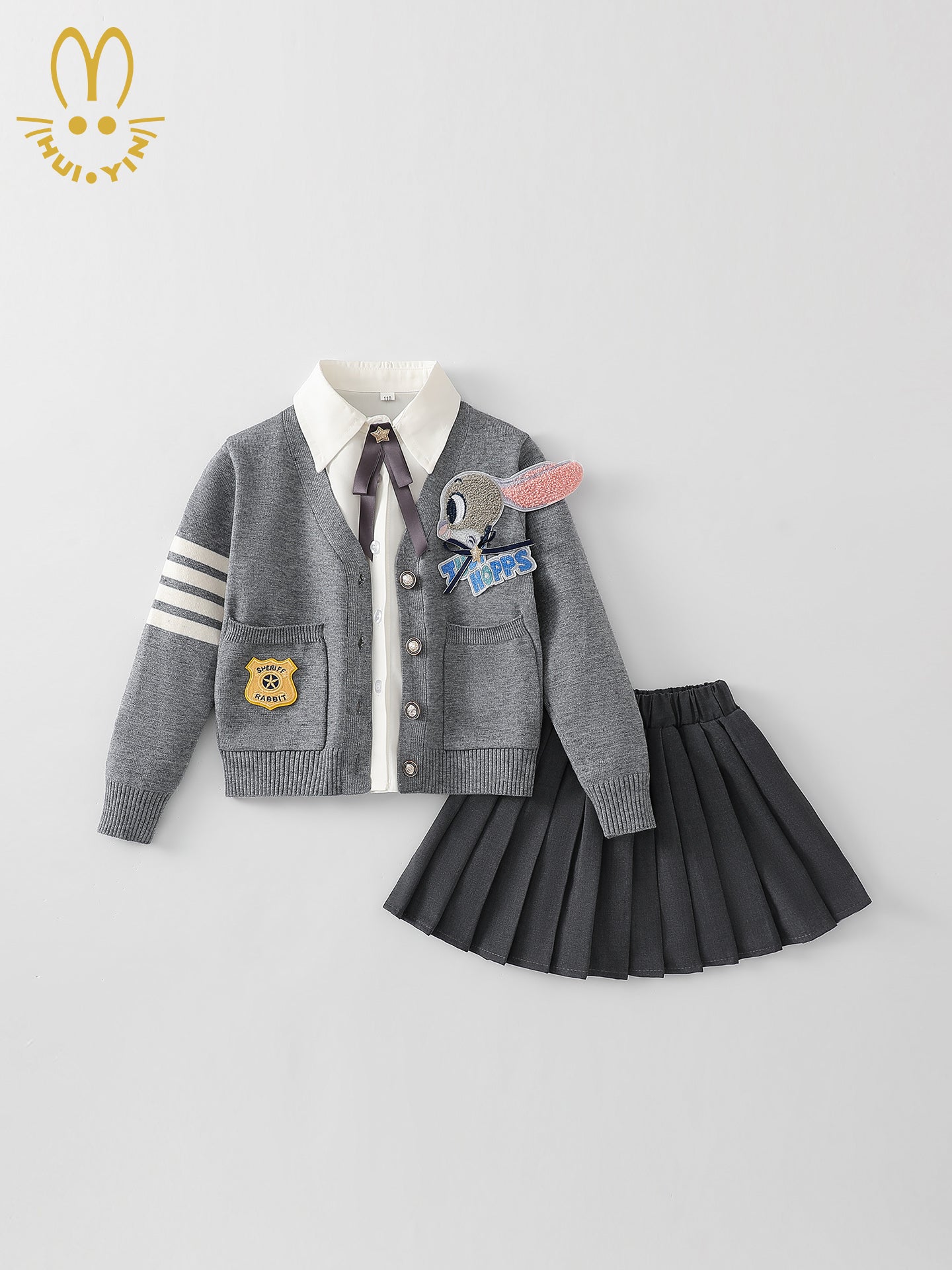 Yeni payız üslubunda qızlar üçün dovşan polis məmuru sviteri üç hissəli dəst, JK ətəyi, dəbli payız və qış uşaq ad günü geyimləri