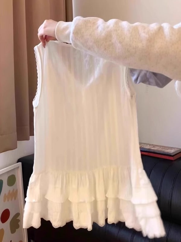 Böyük ölçülü qadınlar üçün krujeva ilə işlənmiş tort ətəyi, geniş formalı, çoxfunksiyalı qat-qat geyimli, yay üçün qolsuz köynək.