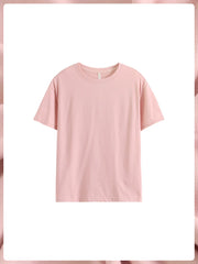 Qadınlar üçün tək üst pijama, təmiz pambıq nazik çəhrayı rəngli qısaqol köynək, ev paltarından kənarda geyinilə bilən dəyirmi boyunlu pullover