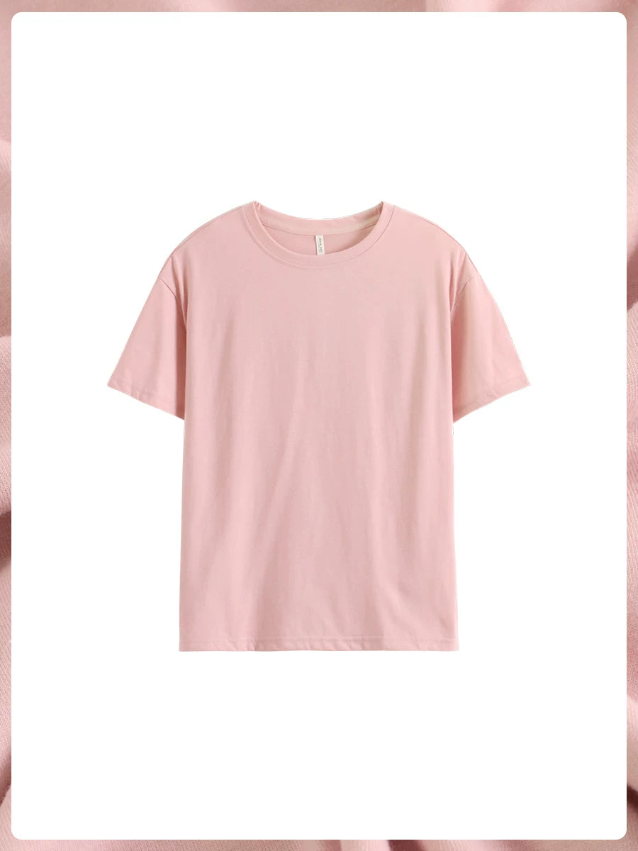 Qadınlar üçün tək üst pijama, təmiz pambıq nazik çəhrayı rəngli qısaqol köynək, ev paltarından kənarda geyinilə bilən dəyirmi boyunlu pullover