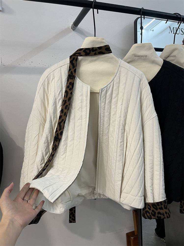 2025 Payız Yeni Model Qadınlar üçün Qabırğalı Nazik Yastıqlı Gödəkçə, Koreya üslubunda, Sadə Bəbir Naxışlı, Qatlanmış Qollar, Axan Lentli Yastıqlı Gödəkçə