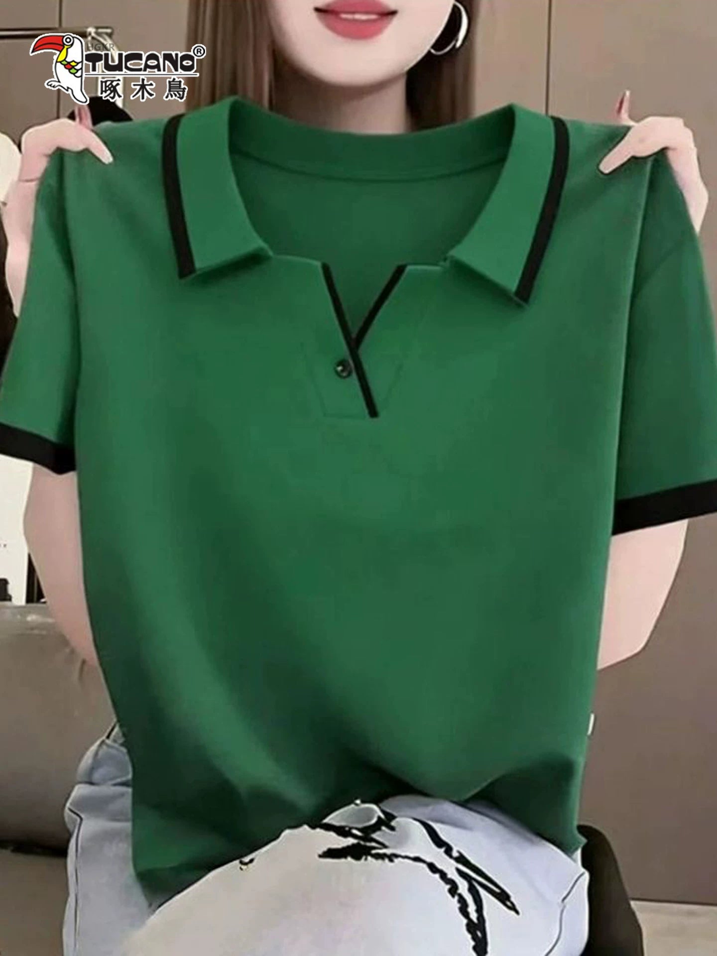 Ağacdələn yay yeni qısaqol düz rəngli yaxa köynək POLO köynək, nazik və çox yönlü, yaş azaldan üst köynək
