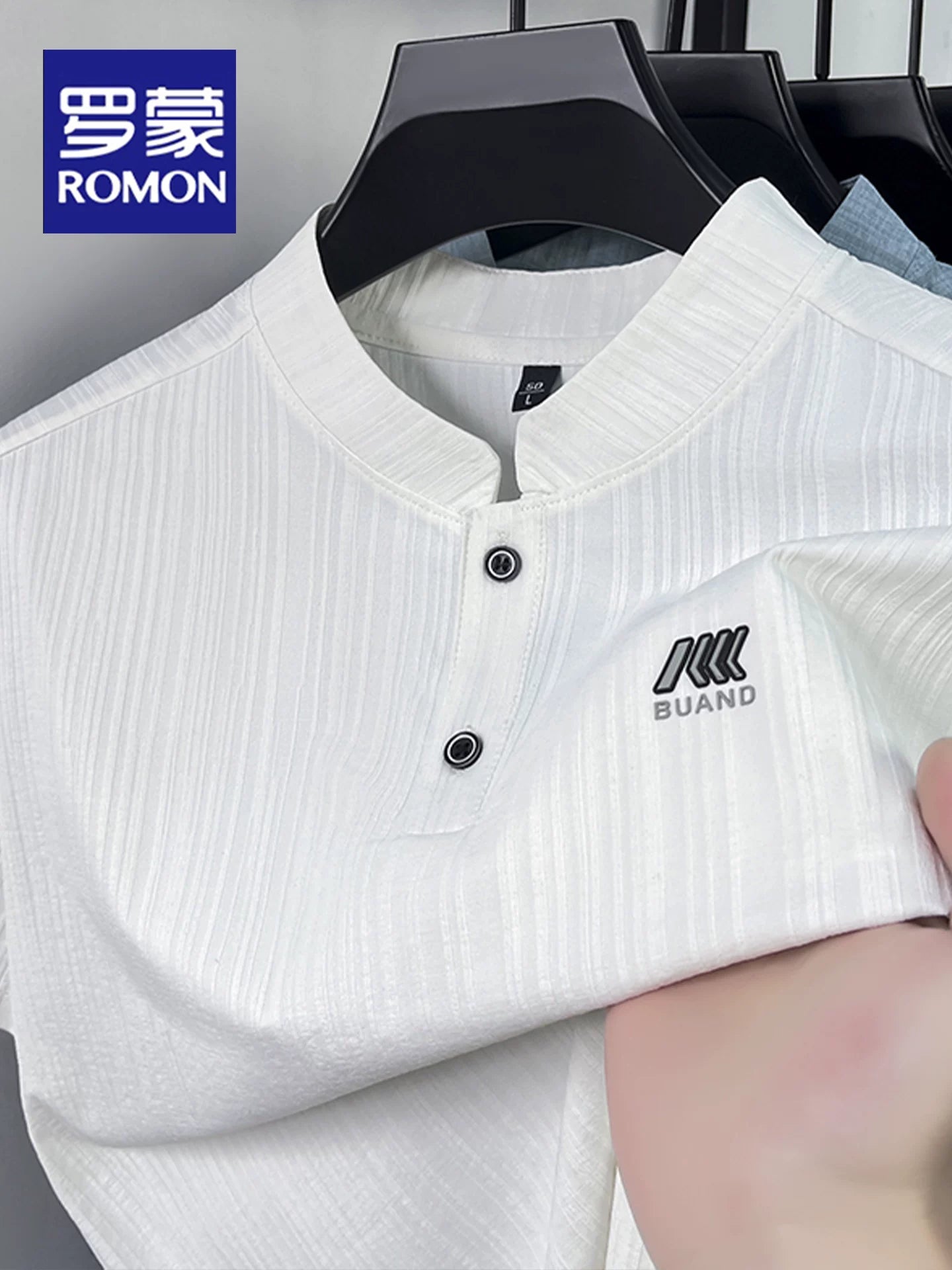 Luo Meng Bing İpək Stend Yaxası Qısaqol T-shirt Kişi Yay Yeni Nəfəs Alabilen Boş Yüksək Biznes Təsadüfi Moda T-shirt