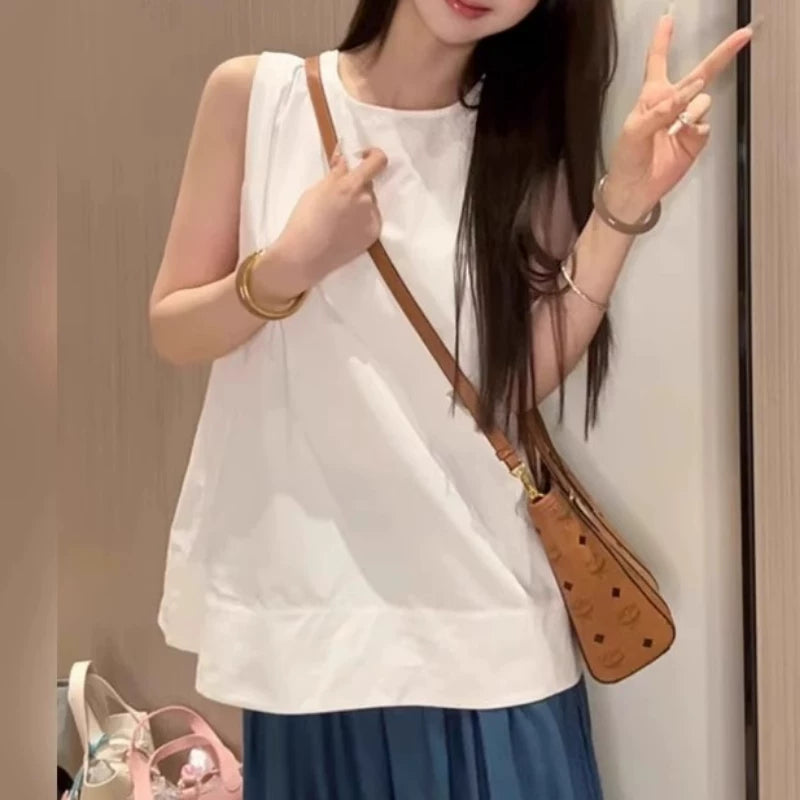 Qadınlar üçün Böyük Ölçülü Koreya Üslublu Dəyirmi Yaxalı Kazak Gödəkçəsi, Yay 2026, Boş Oturacaqlı, Qolsuz, Çoxfunksiyalı, Arıqladıcı Top