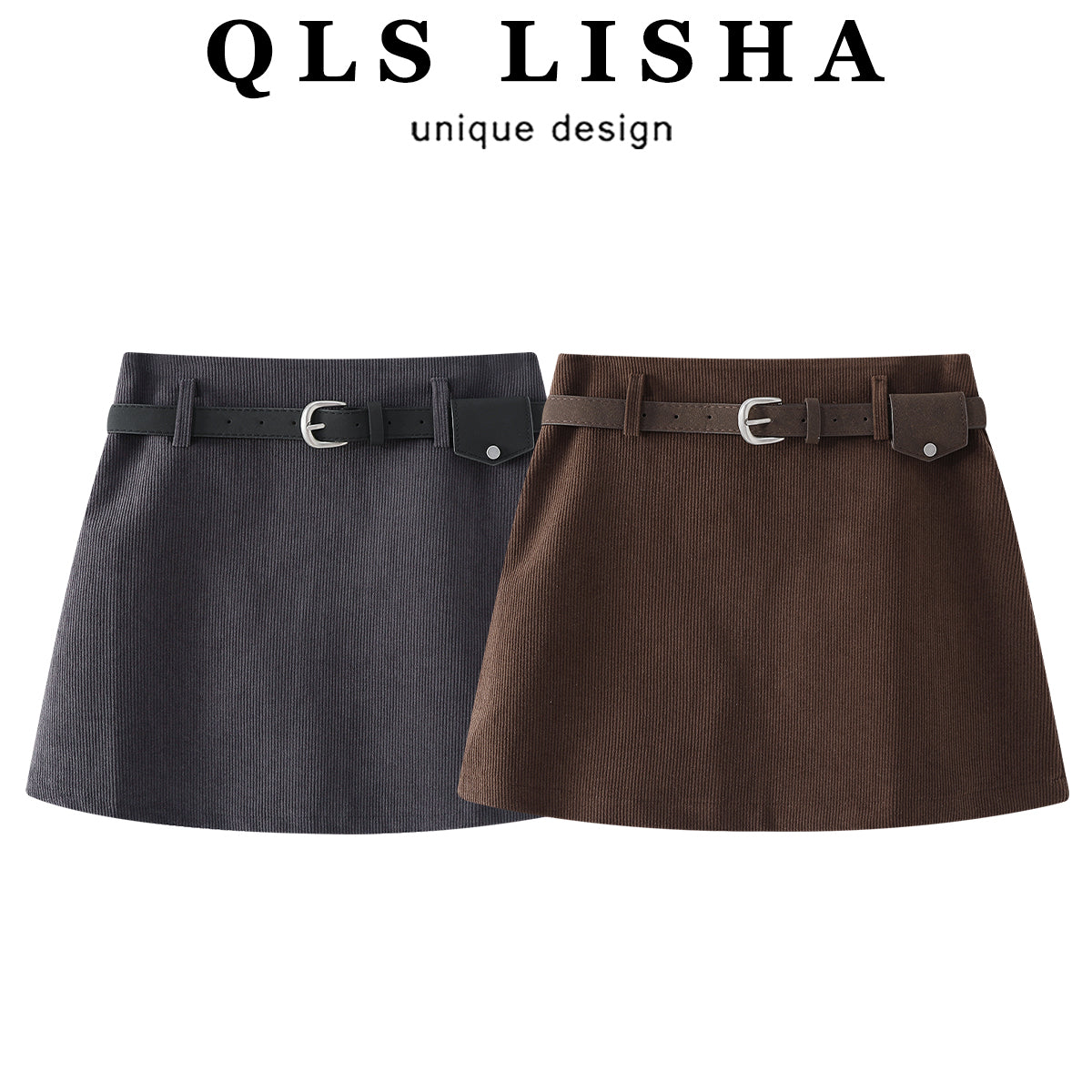 Chola Lisa Retro Corduroy Midi Ətək Qadınlar üçün 2026-cı ilin yaz və payız yeni stili yüksək belli, çoxfunksiyalı, kalçaya bərkidilmiş qəhvəyi A-xəttli mini ətək