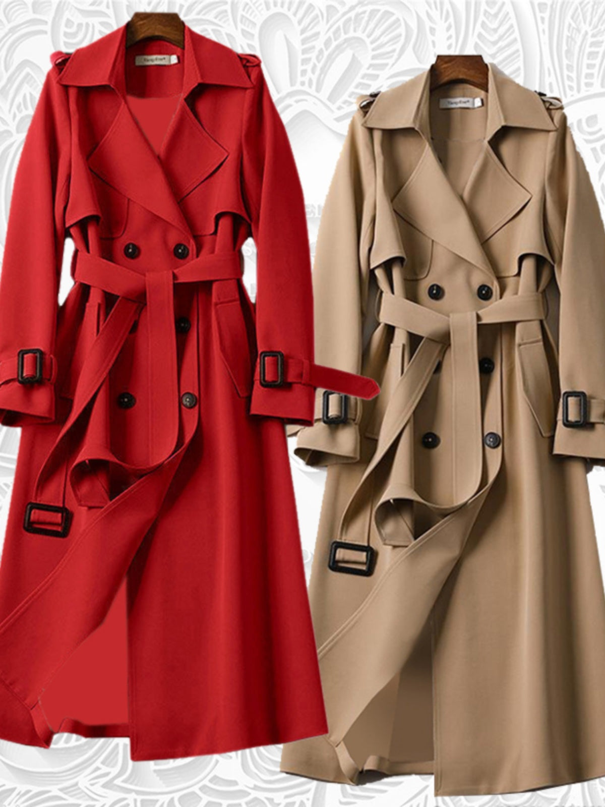 Qadın üçün böyük ölçülü uzun palto, qırmızı trençkot.